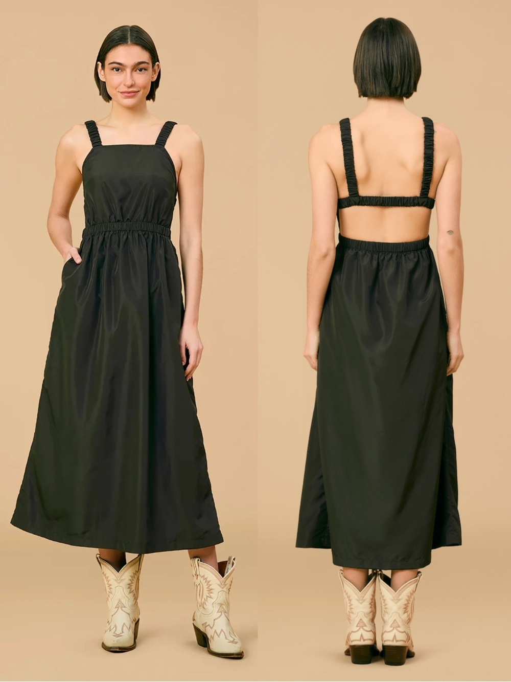 Olivia by LIVRO Emelia Midi Dress Bracken Dark Olive Open Back Ruched Strap NWT